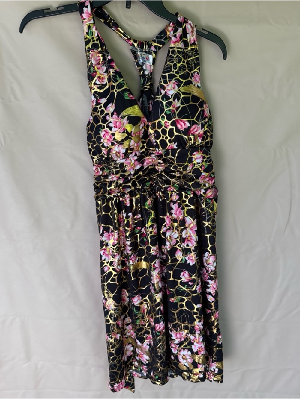 Girls' Black Floral  Dress with Gold Accent